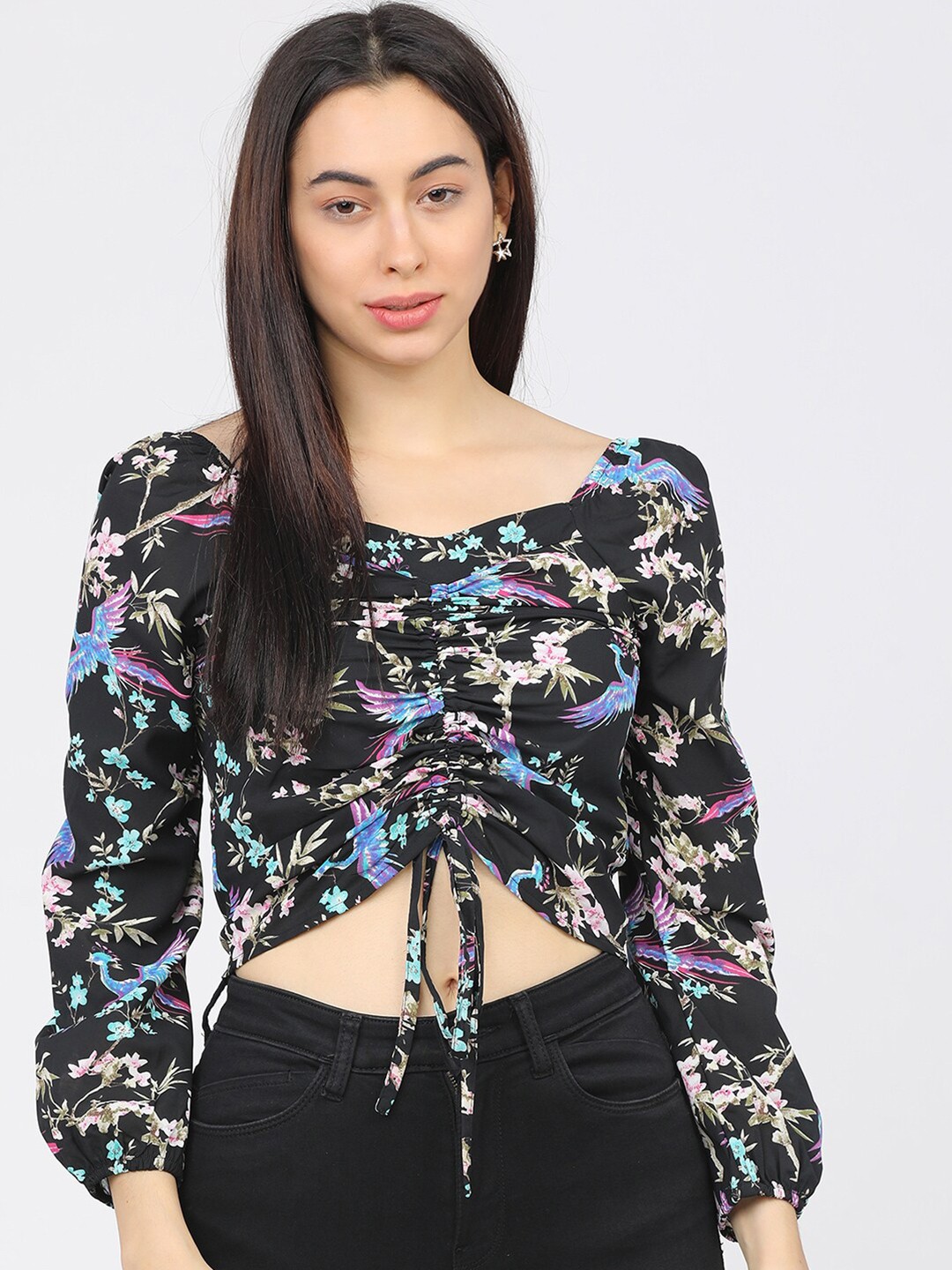 

Tokyo Talkies Black Floral Georgette Regular Crop Top