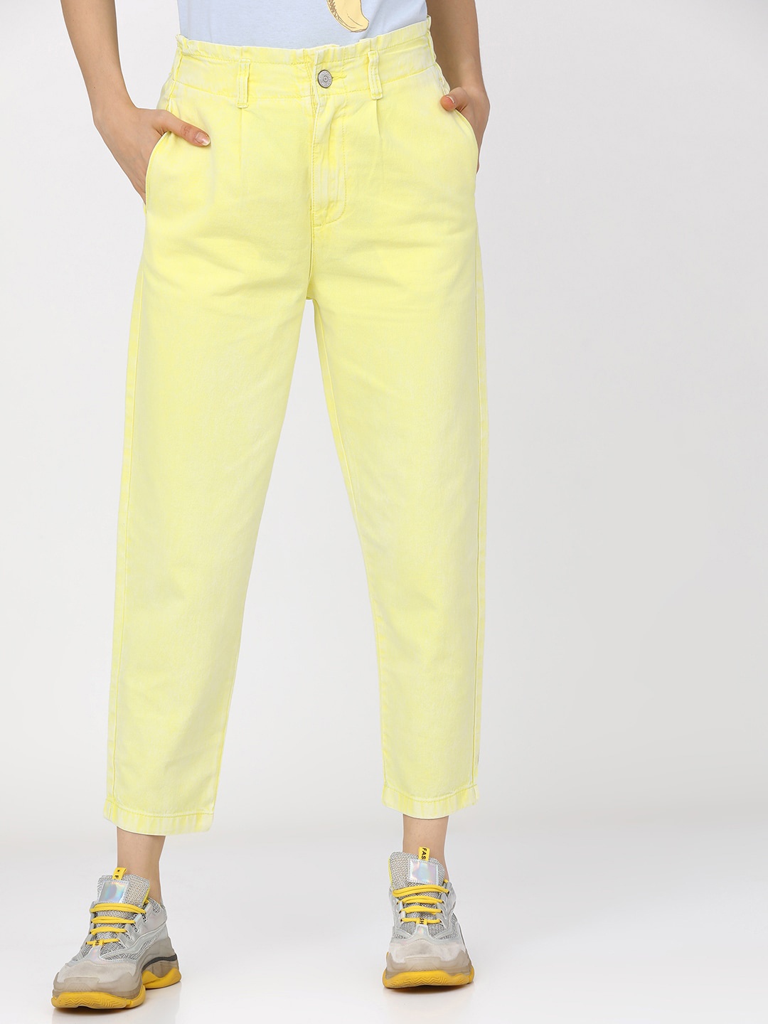 

Tokyo Talkies Women Yellow Solid Cropped Stretchable Regular Fit Jeans