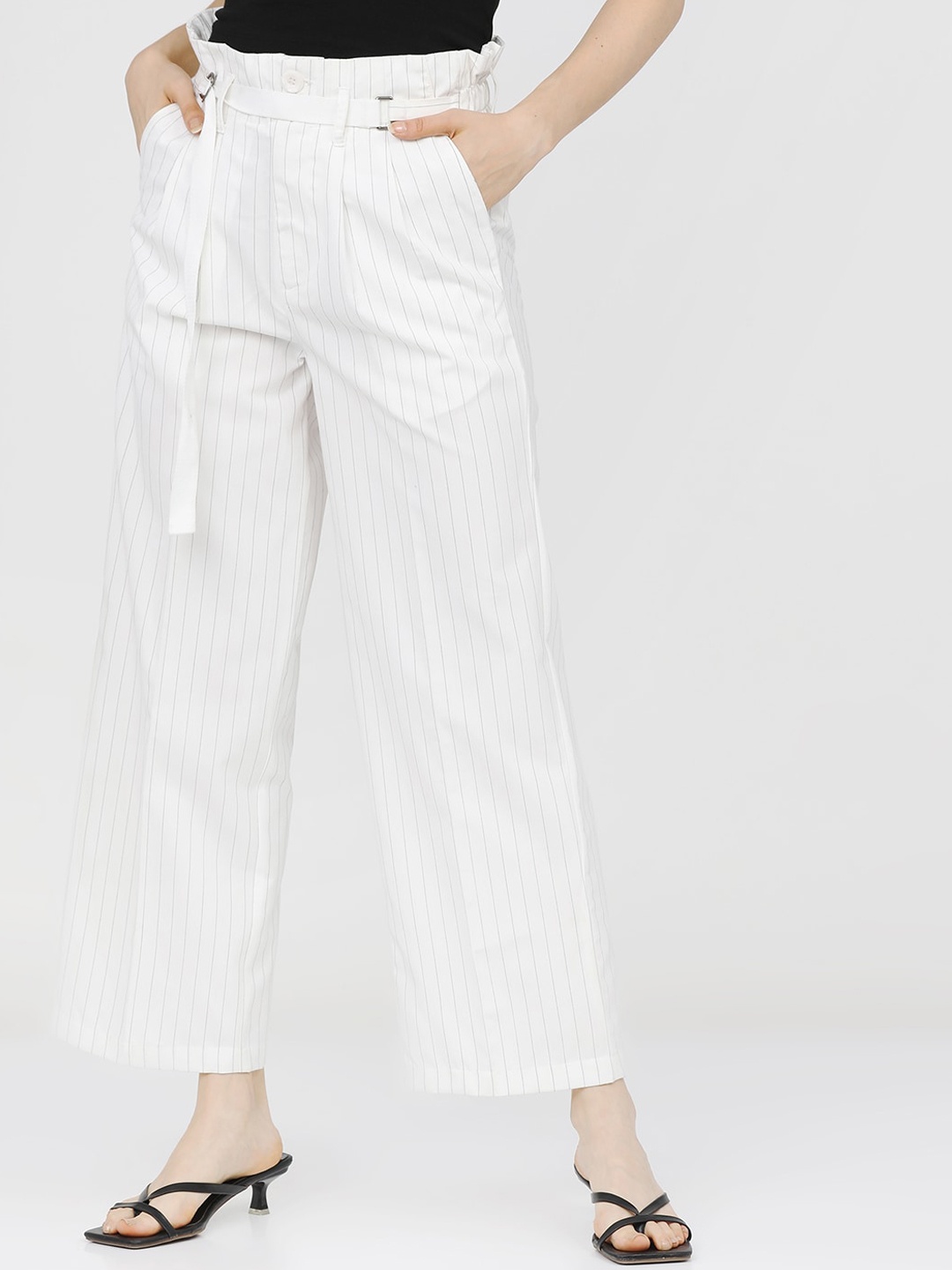 

Tokyo Talkies Women Off White Striped Straight Fit High-Rise Easy Wash Parallel Trousers