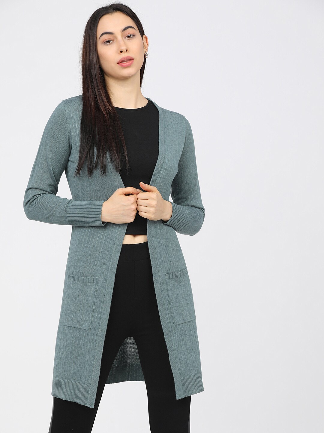 

Tokyo Talkies Women Sea Green Self Striped Longline Acrylic Front-Open Sweater