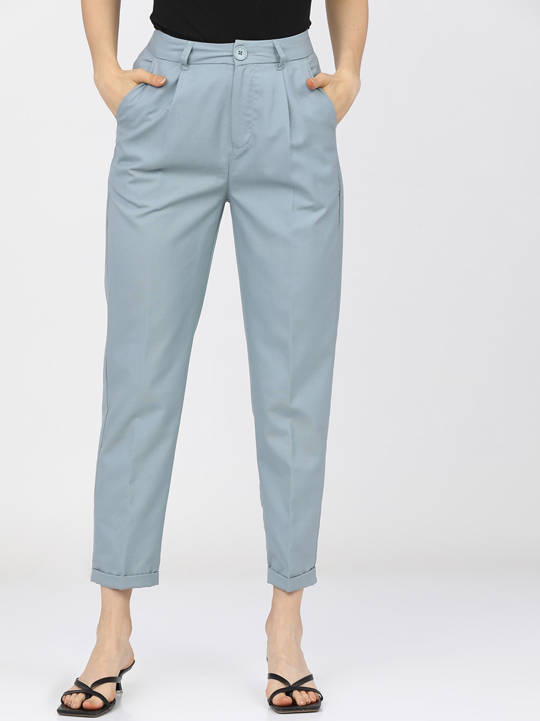 

CHIC BY TOKYO TALKIES Women Blue Straight Fit Easy Wash Cropped Pleated Trousers