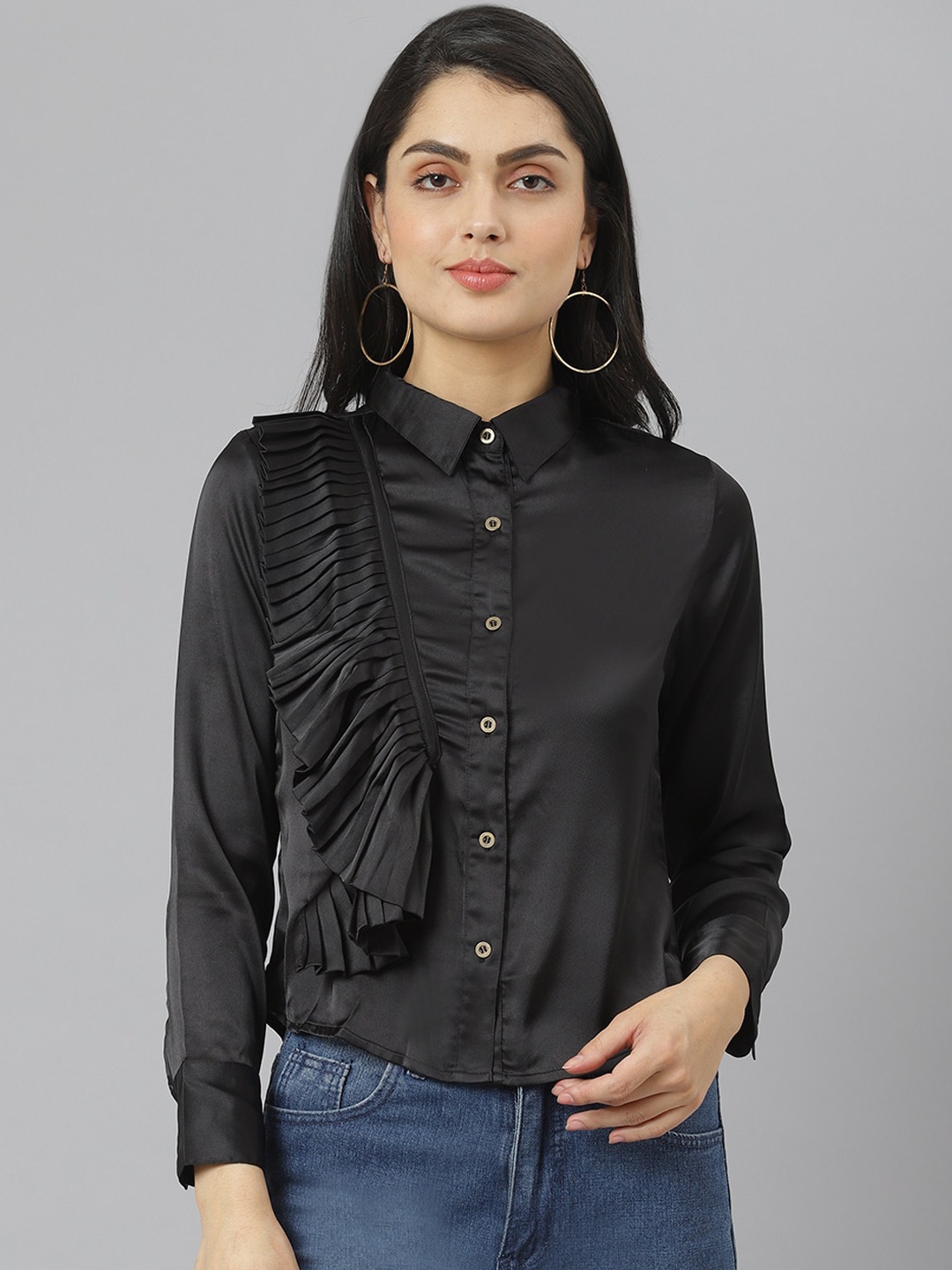

am ma Women Black Ruffled Casual Shirt