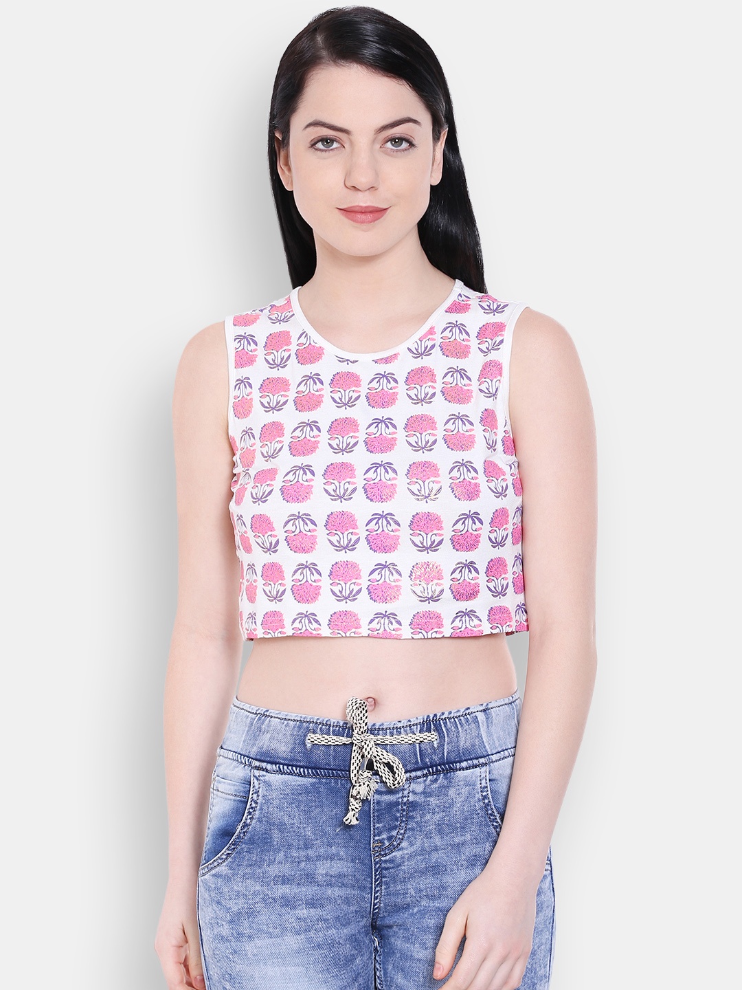 

Global Desi Women White & Pink Floral Print Crop Top