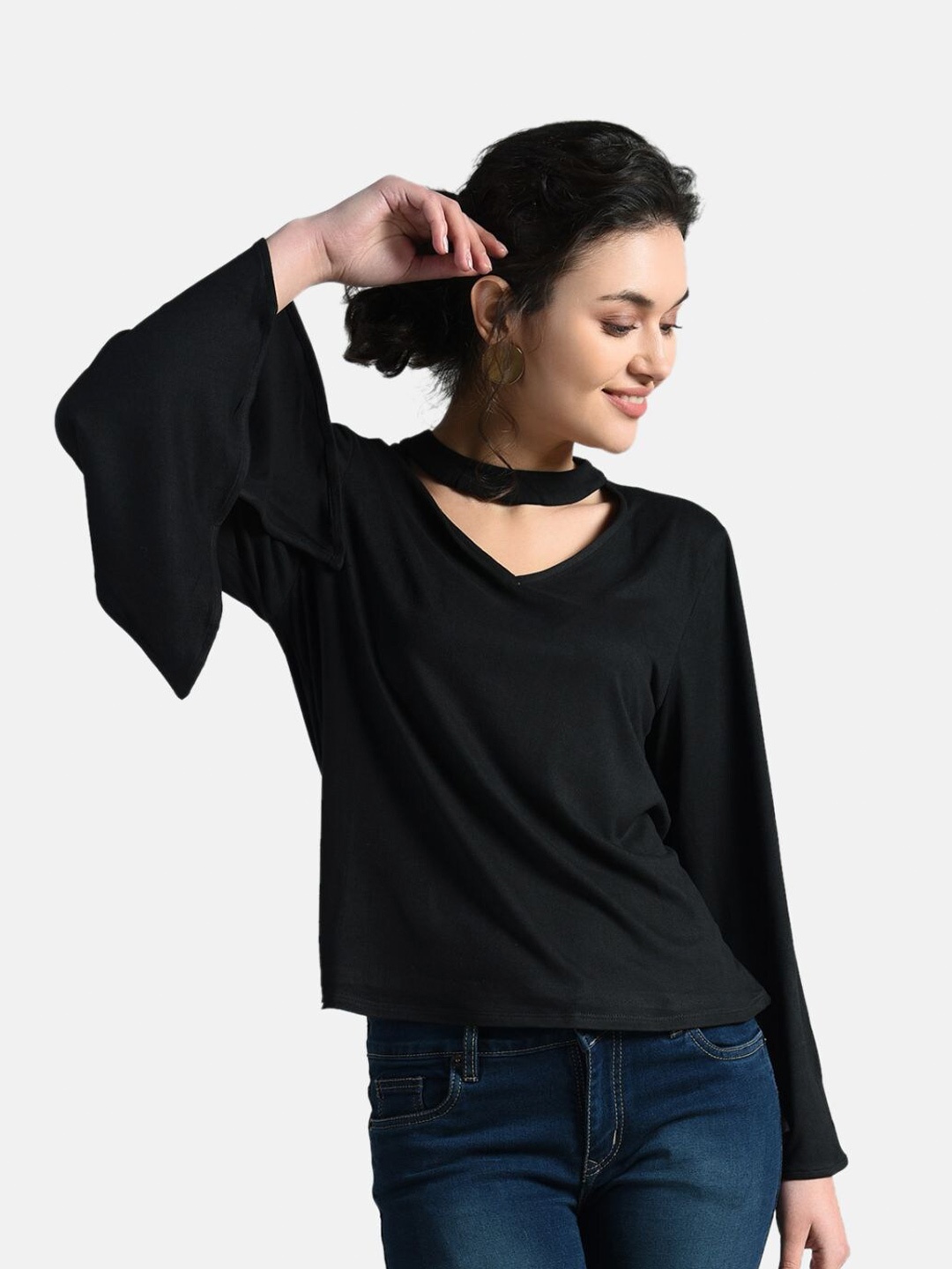

AARA Black Choker Neck Bell Sleeves Regular Top