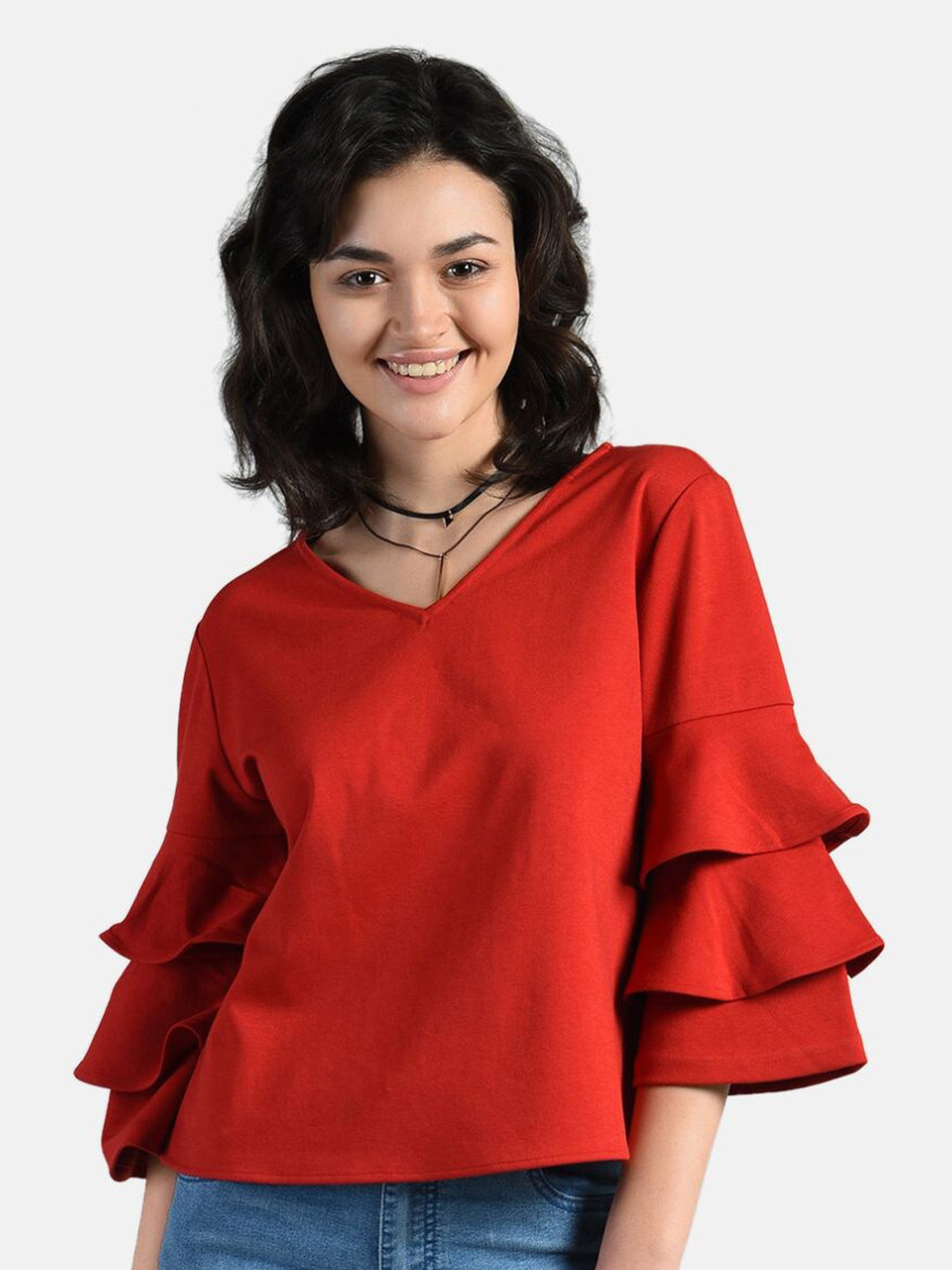 

AARA Red Regular Top with Layered Sleeves