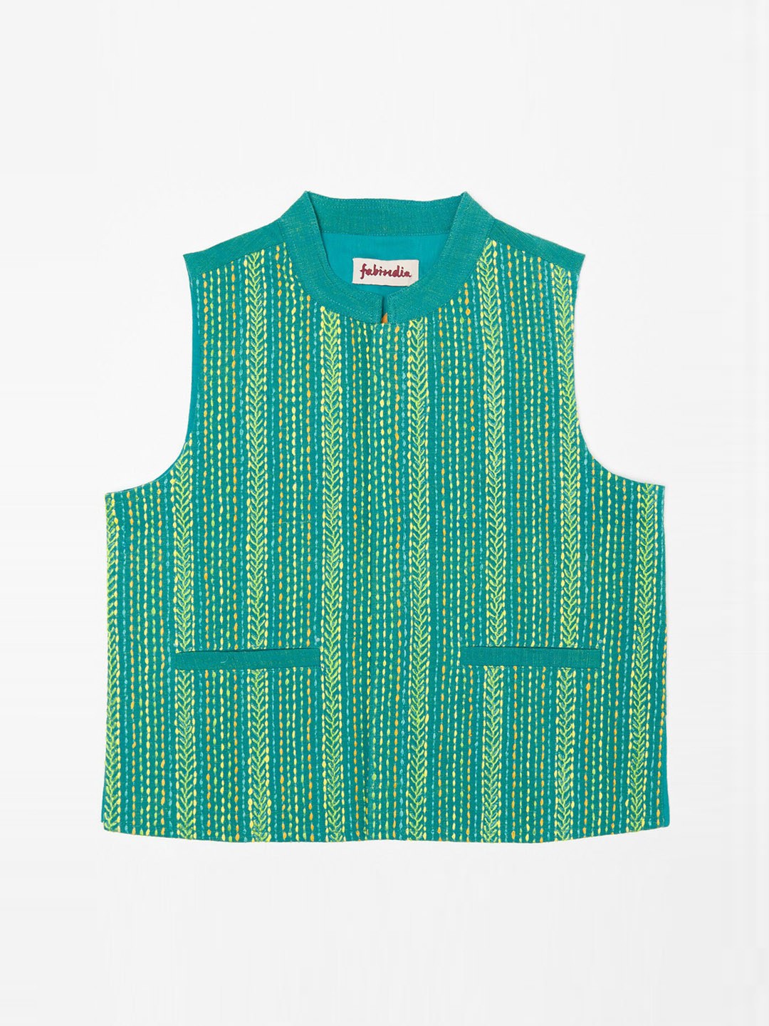 

Fabindia Boys Turquoise Blue & Yellow Pure Cotton Nehru Jacket