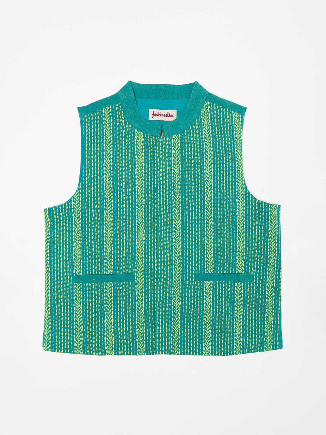 

Fabindia Boys Turquoise Blue & Yellow Woven Design Cotton Nehru Jacket