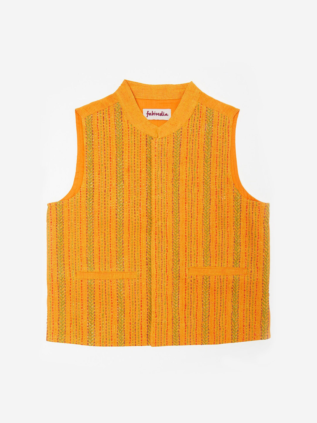 

Fabindia Boys Yellow & Green Embroidered Cotton Nehru Jacket