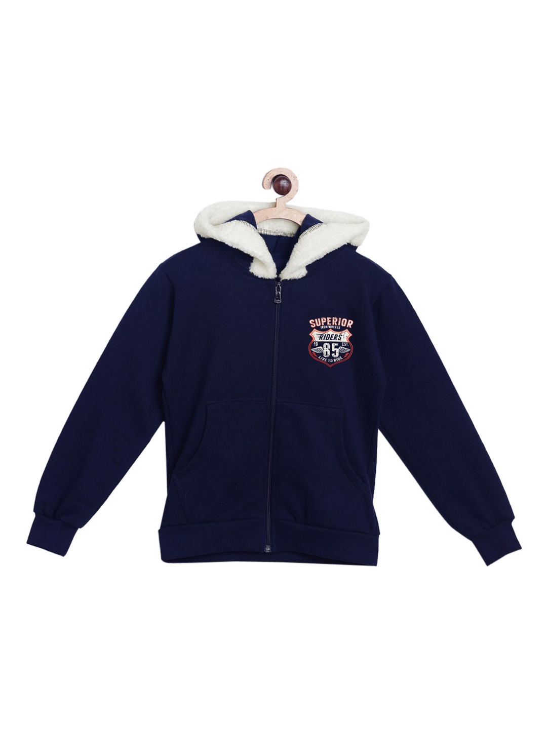 

Fashionable Boys Navy Blue & White Fleece Hooded Front-Open Sweatshirt