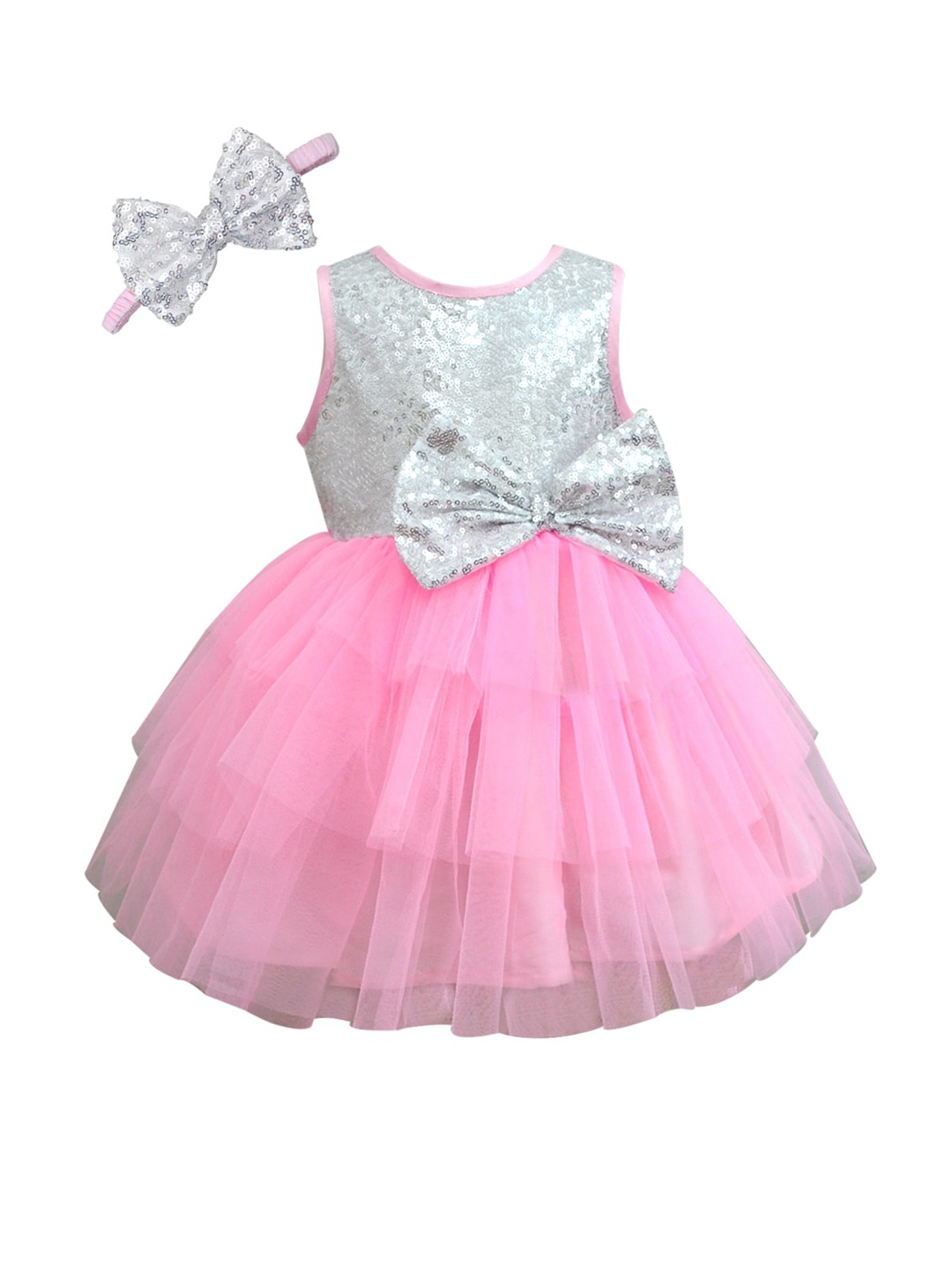 

A.T.U.N. Girls Pink & Silver Coloured Embellished Net Fit & Flare Dress with Headband