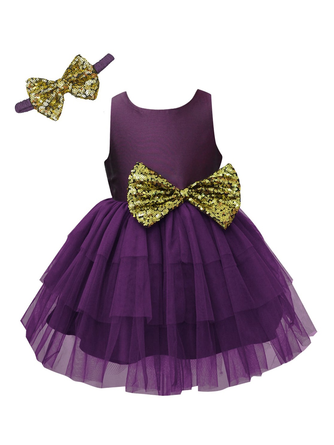 

A.T.U.N. Girls Burgundy & Gold-Toned Layered Net Dress with Headband