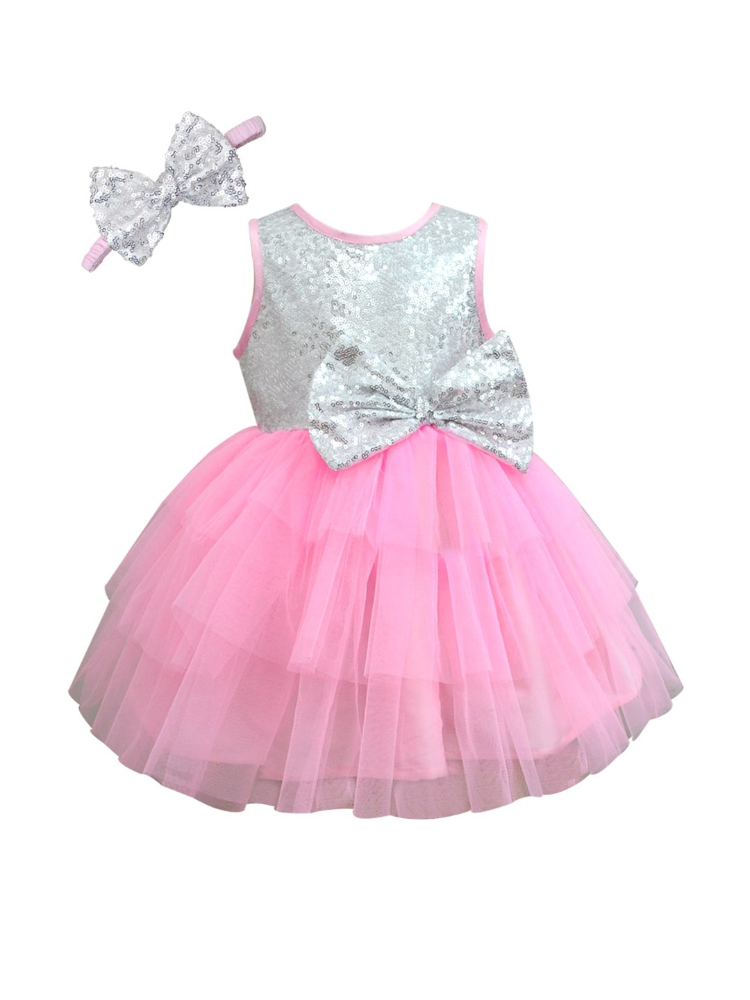 

A T U N Girls Pink & Silver Toned Embellished Ft & Flare Net Dress with Bow Headband