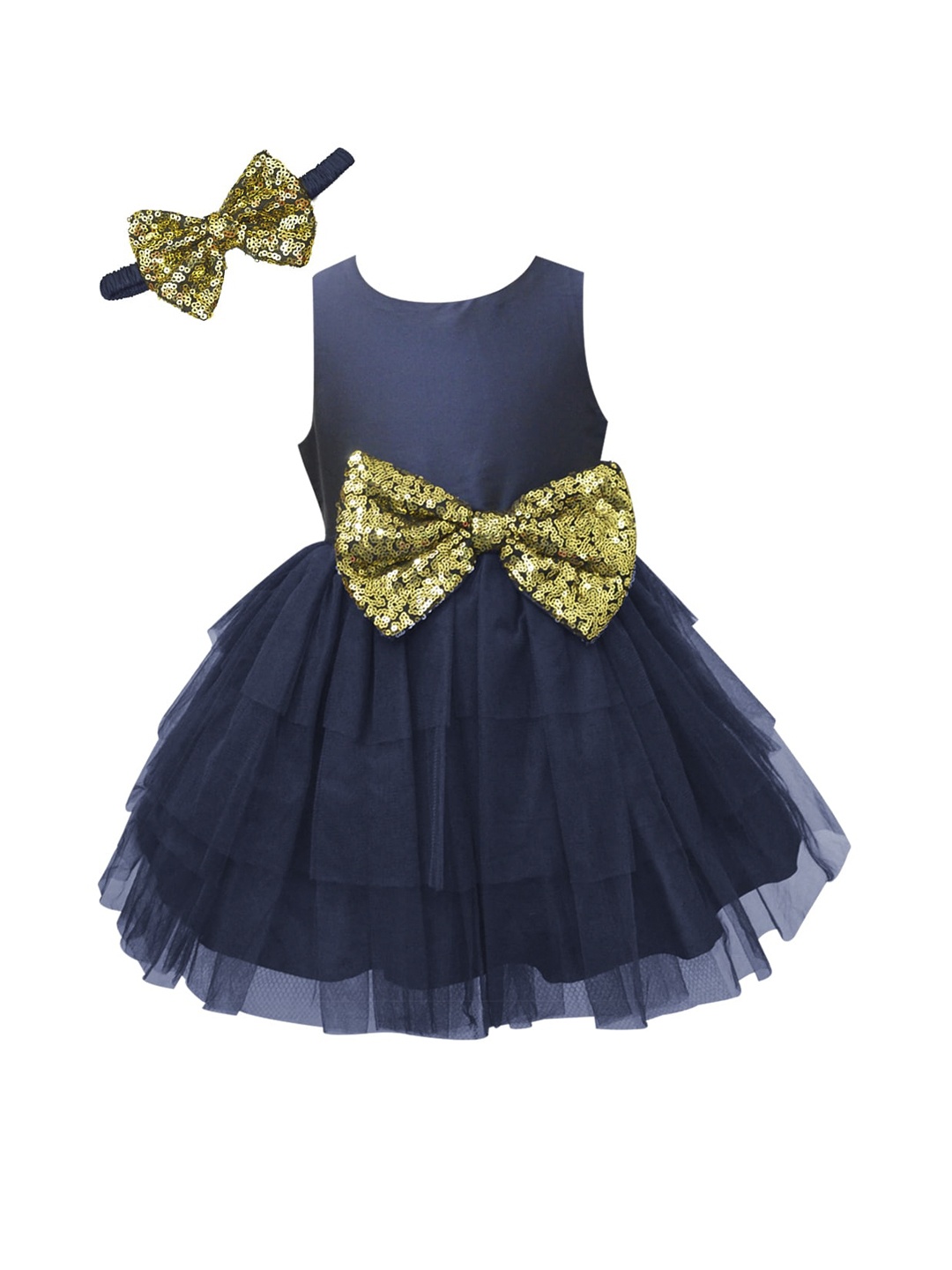 

A.T.U.N. Girls Navy Blue & Gold-Toned Solid Net Fit & Flare Dress