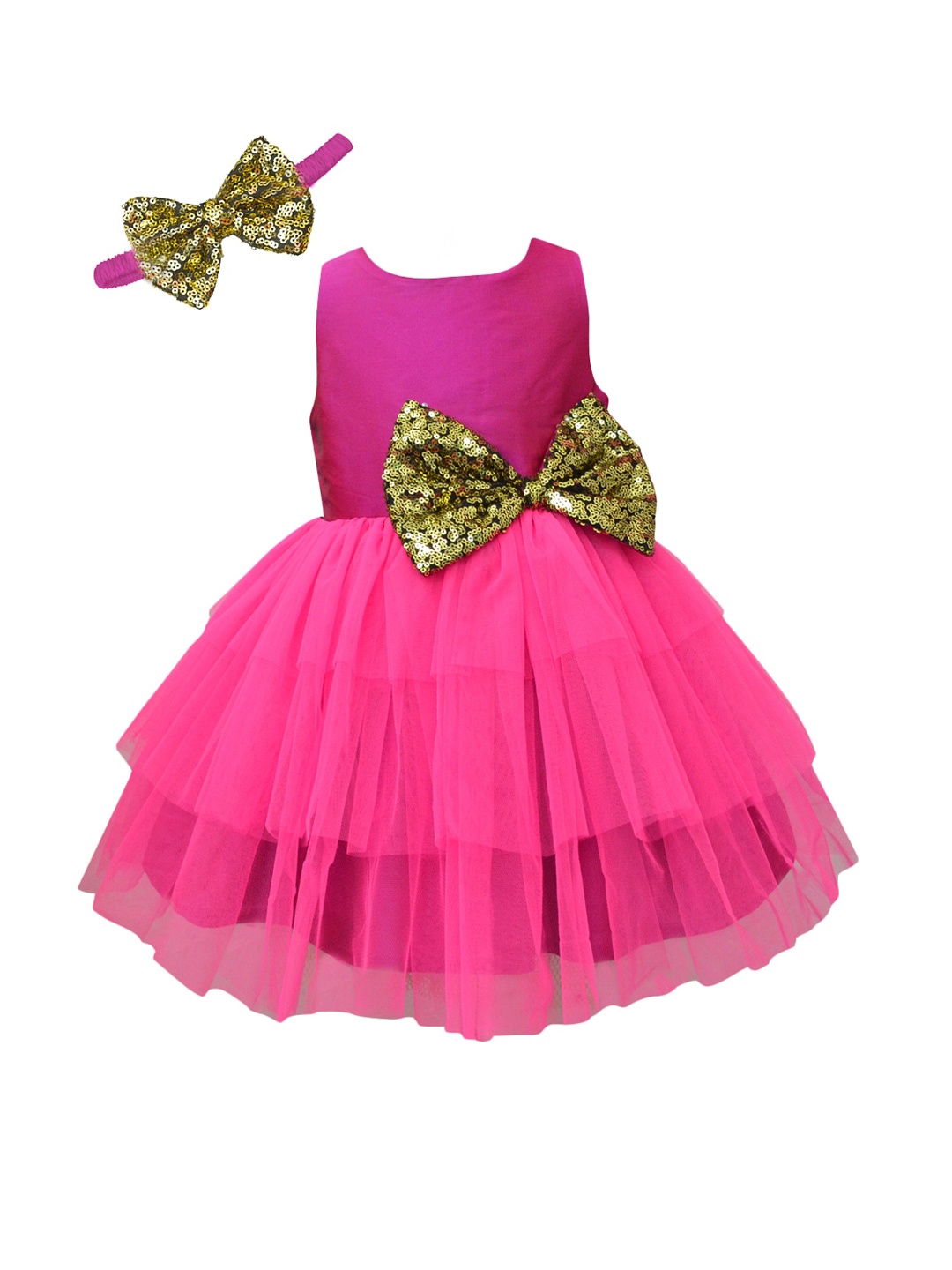 

A.T.U.N. Girls Fuchsia Pink & Gold-Toned Layered Net Dress with Headband