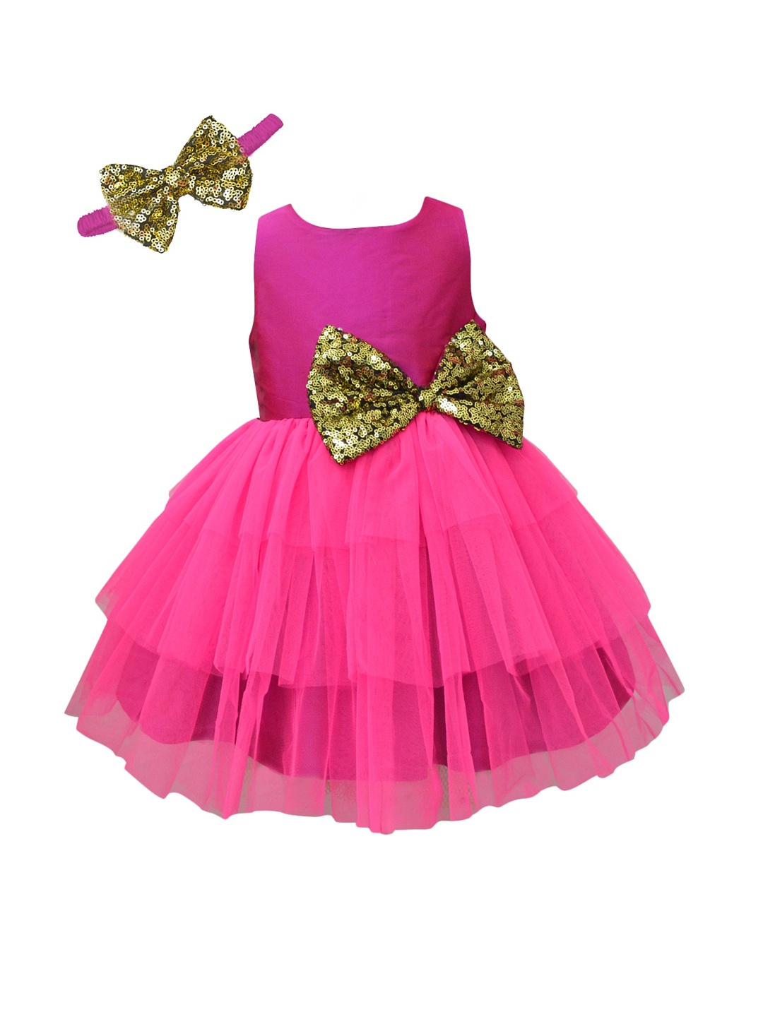 

A.T.U.N. Girls Fuchsia Bow Embellished Net Fit & Flare Dress with Headband