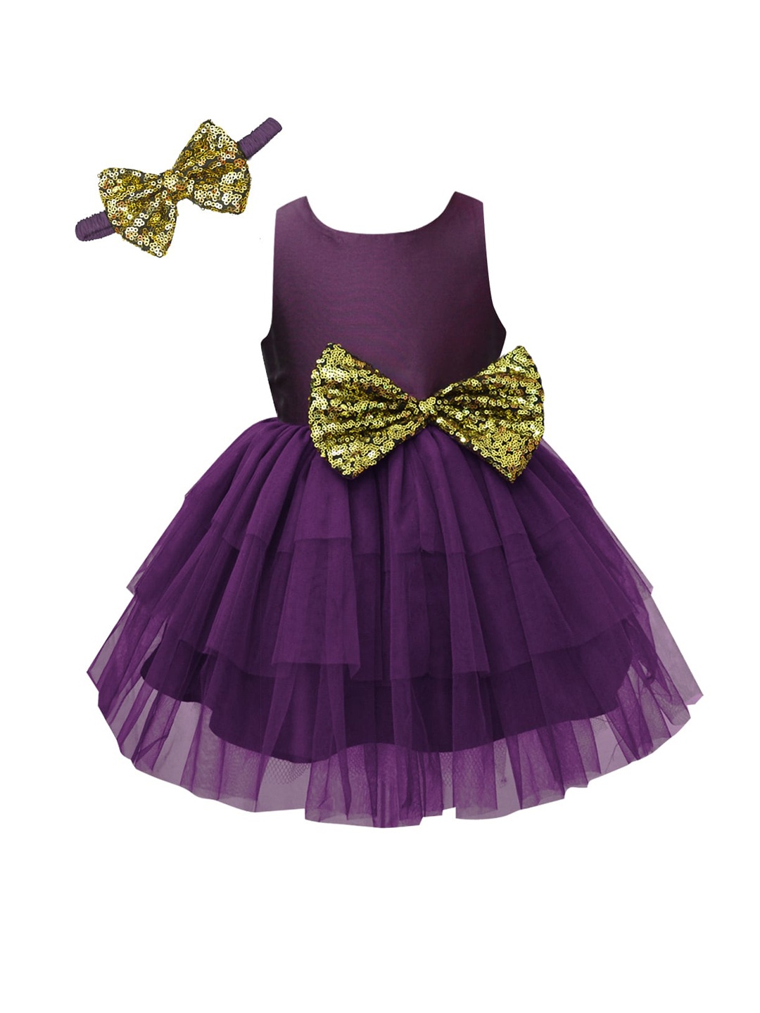 

A.T.U.N. Burgundy & Gold-Toned Net Dress with Headband