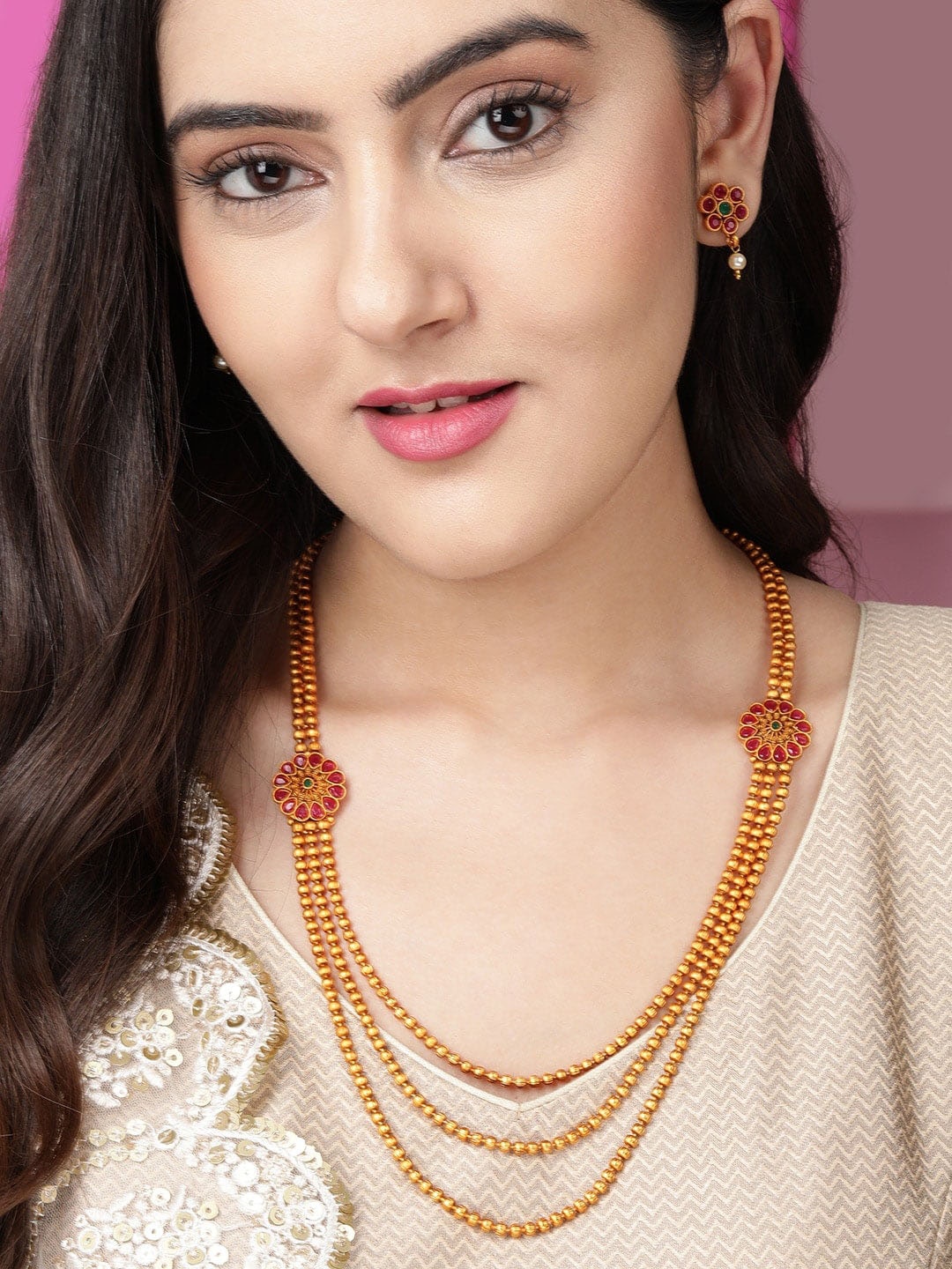 

Rubans Gold-Plated & Ruby Stone Studded Handcrafted Layered Jewellery Set