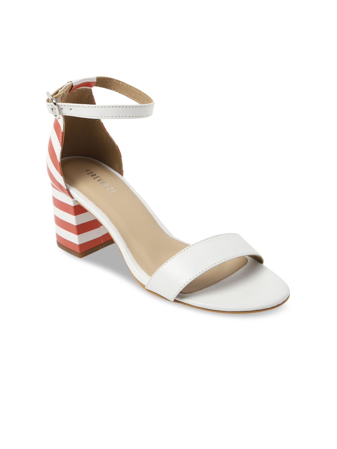 

FOREVER 21 White Colourblocked PU Block Sandals with Buckles