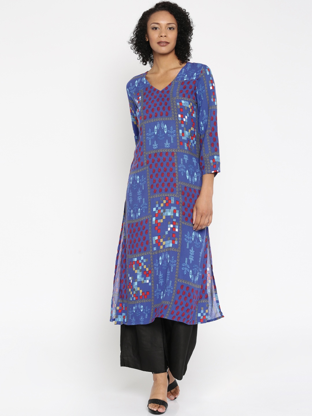 

Global Desi Women Blue Printed A-Line Kurta