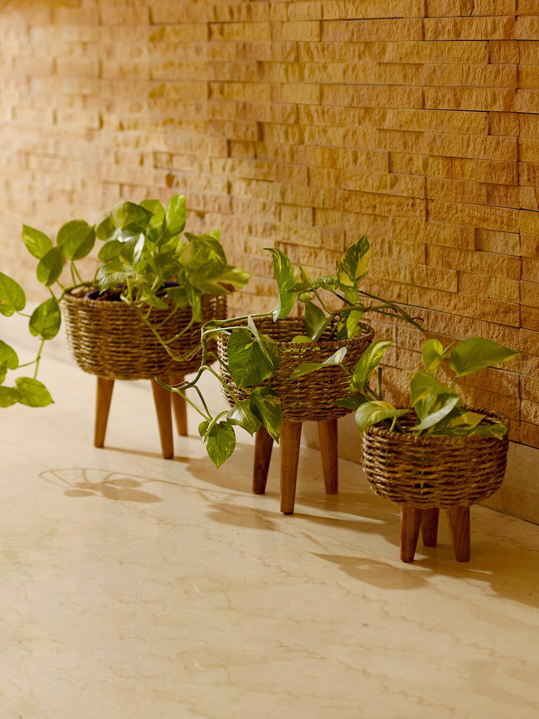 

green girgit Set of 3 Brown Jute Basket Planters