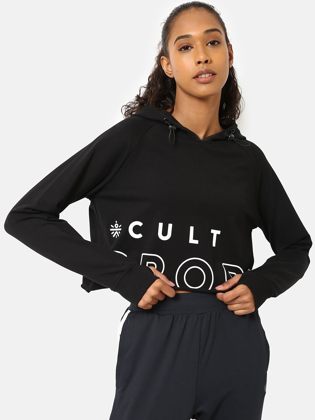 

Cultsport Women Black Printed Hooded LAYR Crop Sweatshirt