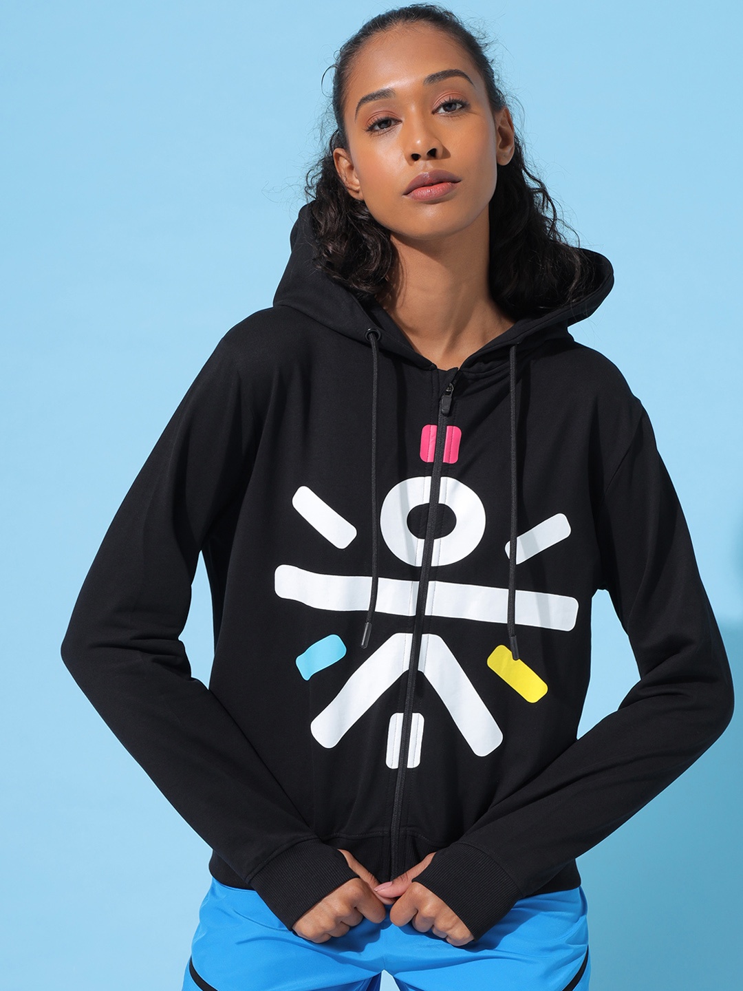 

Cultsport Women Black Cotton Printed Bio Wash Hooded Sweatshirt