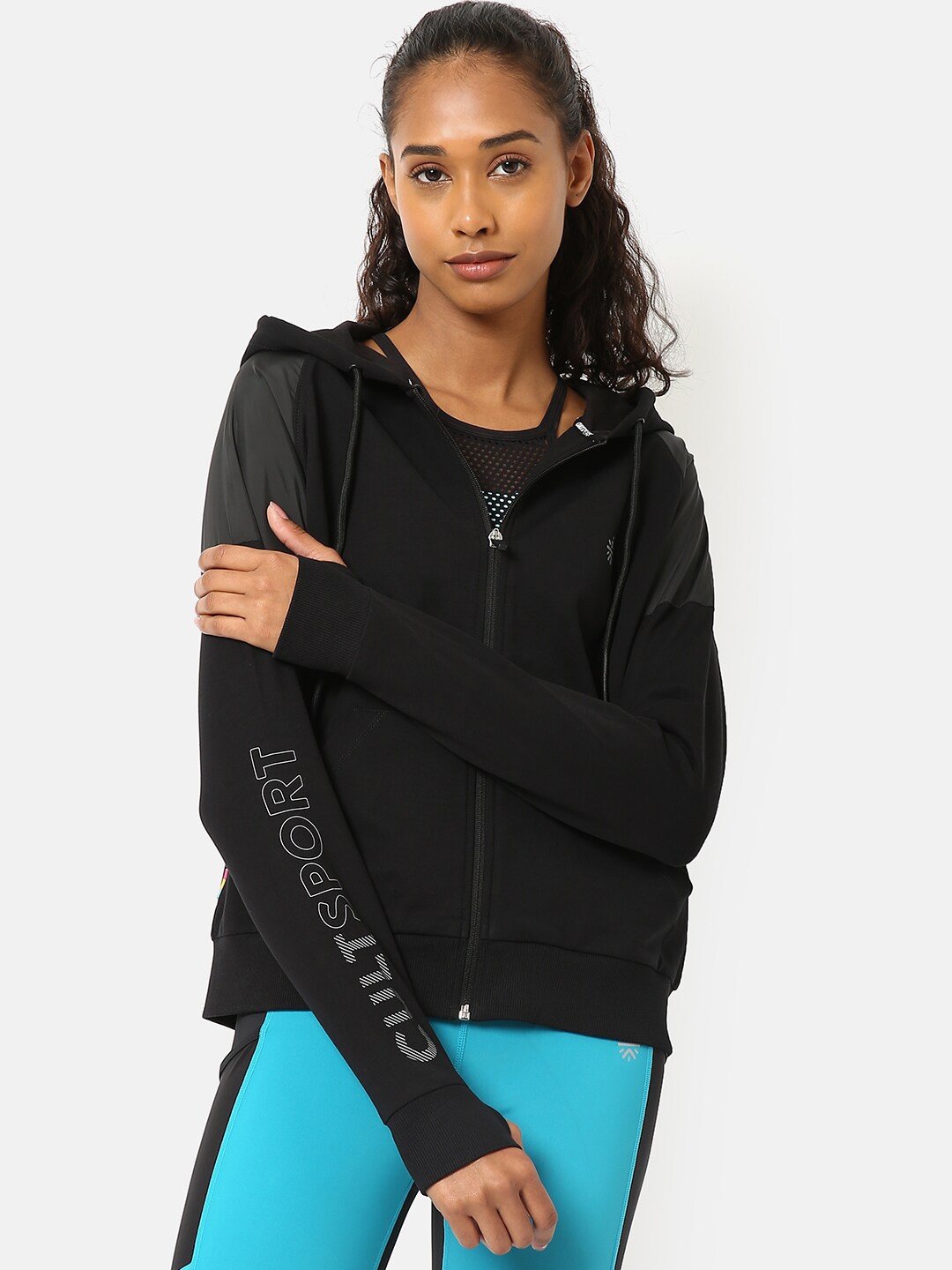 

Cultsport Women Black & Grey Brand Logo Printed Hooded Sweatshirt
