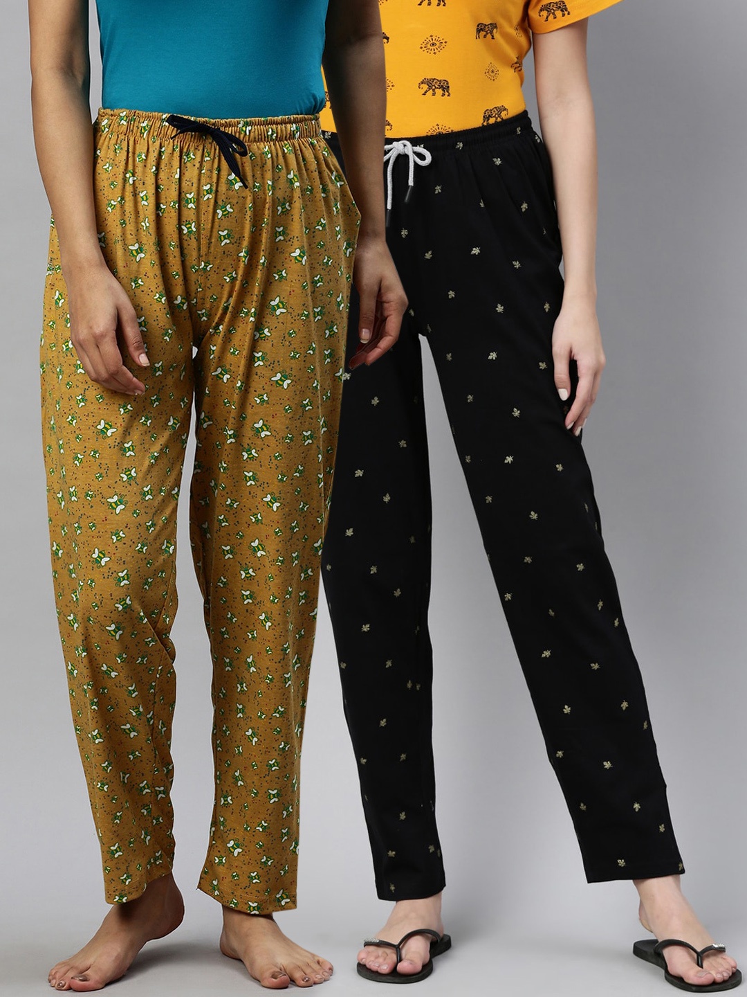 

Kryptic Pack of 2 Women Black & Musrard Cotton Printed Pyjamas