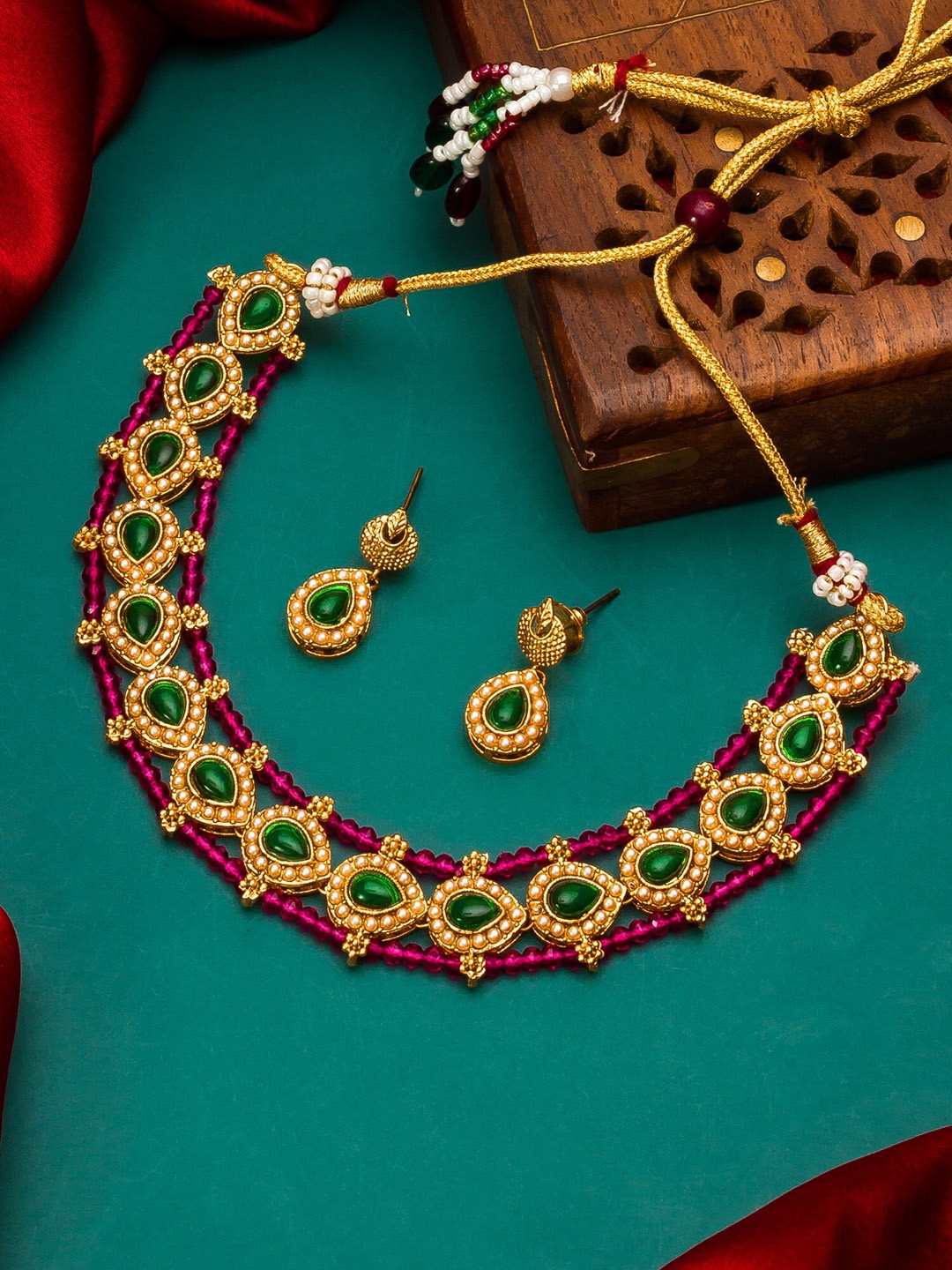 

aadita Gold-Plated & Pink Pearls Beaded Handcrafted Matinee Temple Jewellery Set