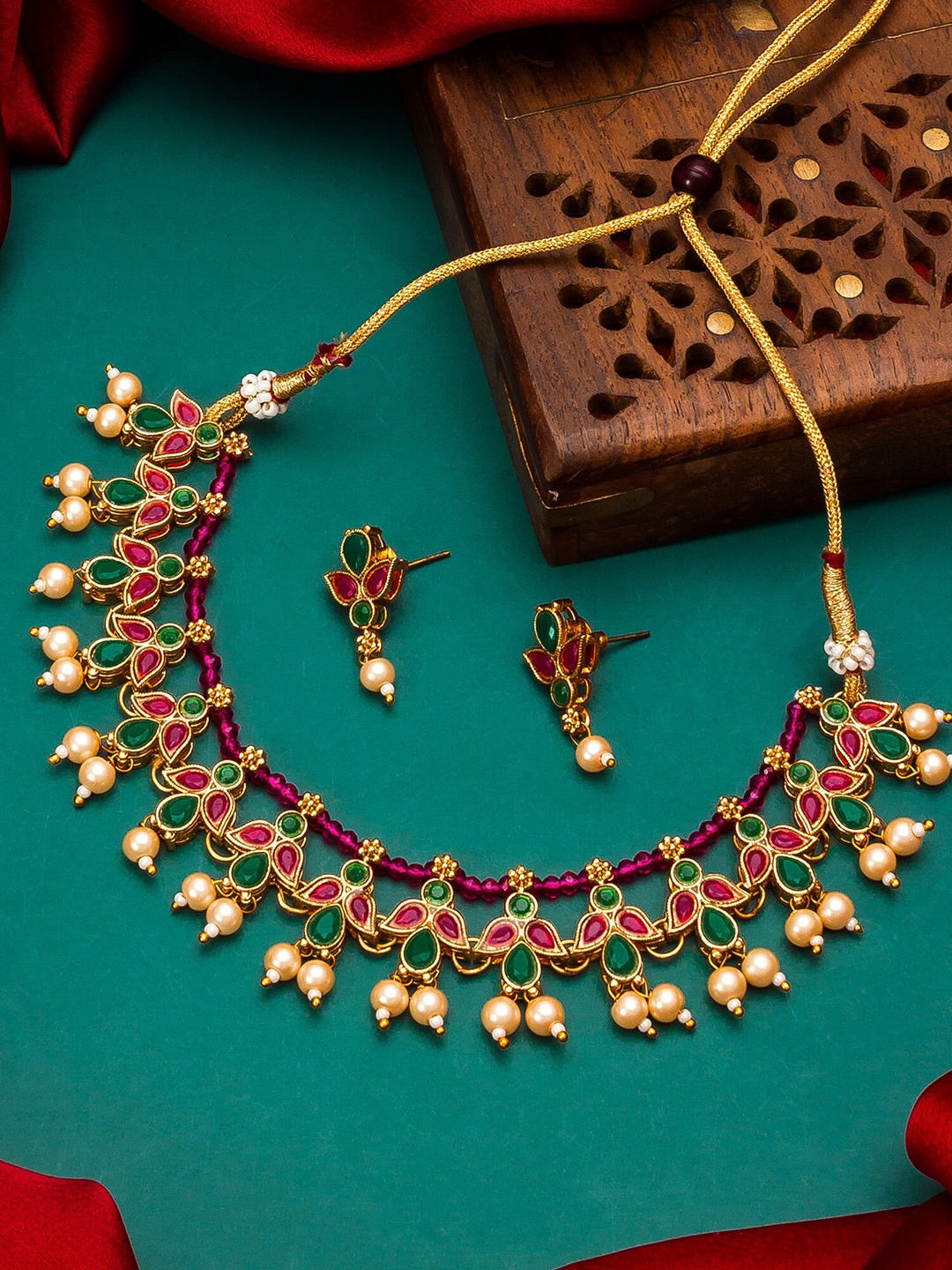

aadita Gold-Plated Pink & Green Stone-Studded Pearl Beaded Jewellery Set