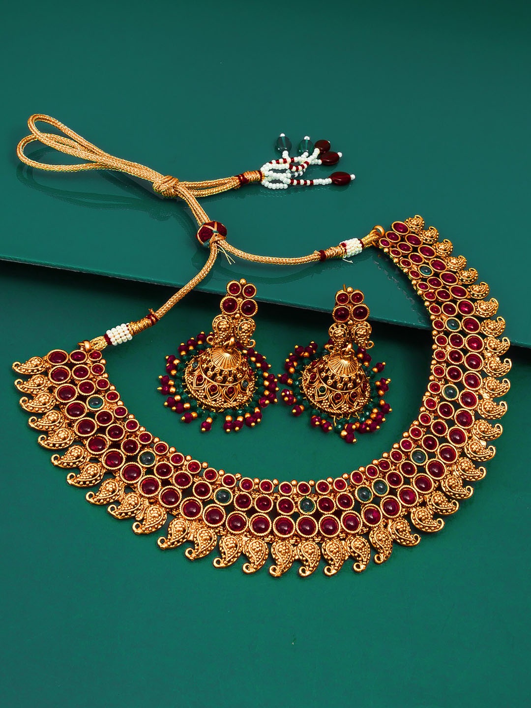 

aadita Brass-Plated Green & Pink Stone-Studded Handcrafted Jewellery Set, Gold