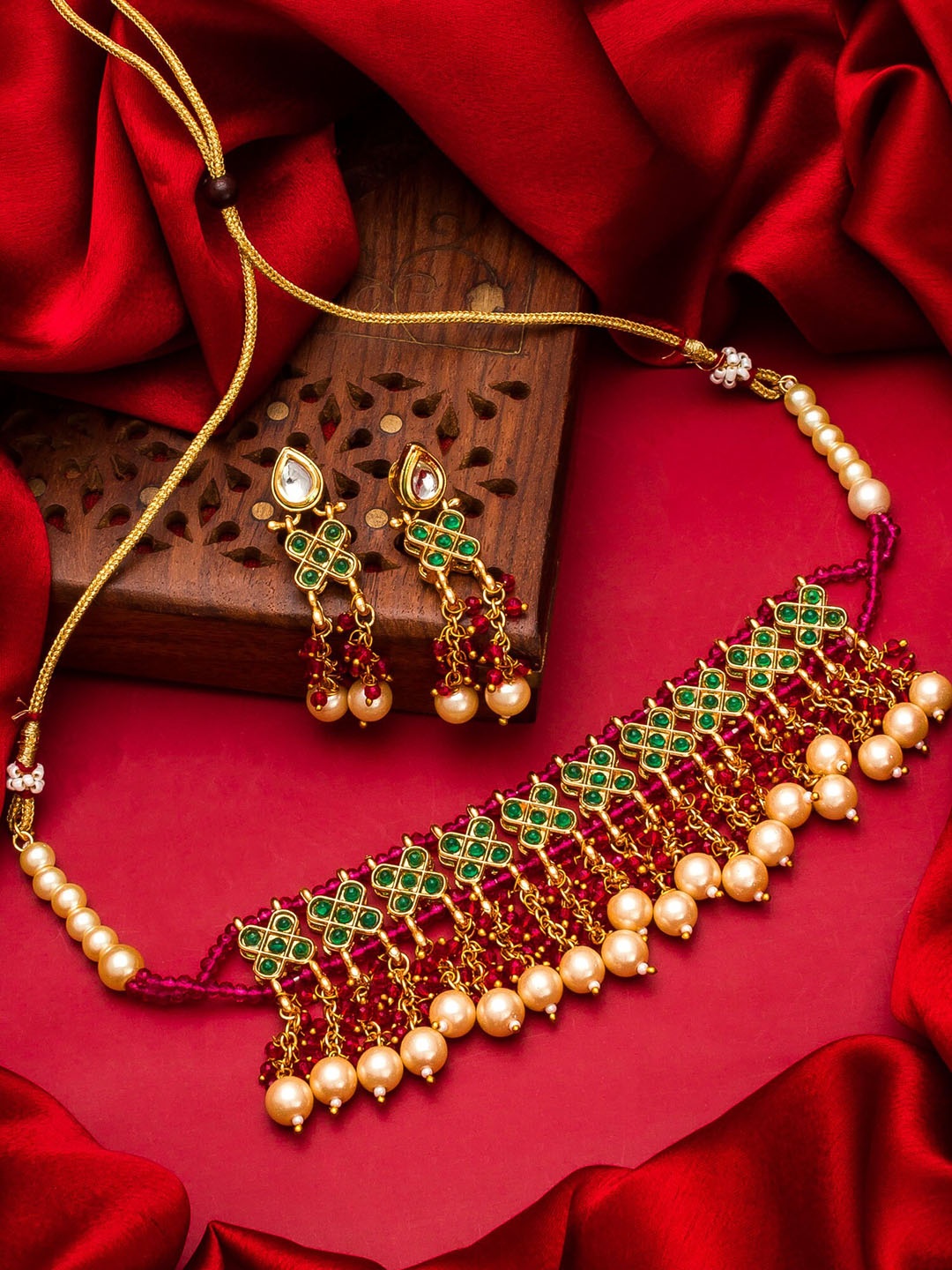 

aadita Gold-Plated White & Pink Stone-Studded & Pearl Beaded Handcrafted Jewellery Set