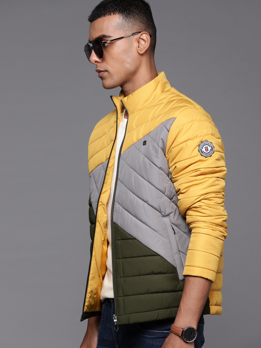 

Louis Philippe Sport Men Yellow & Grey Colourblocked Padded Jacket