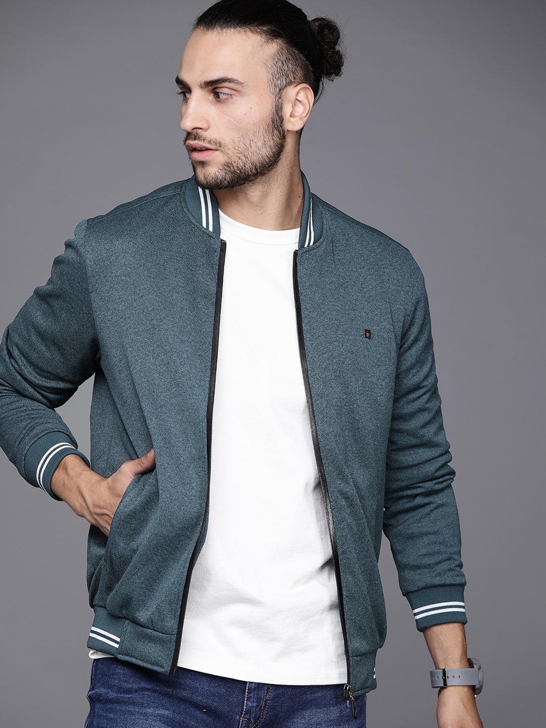 

Louis Philippe Sport Men Teal Blue Bomber Jacket