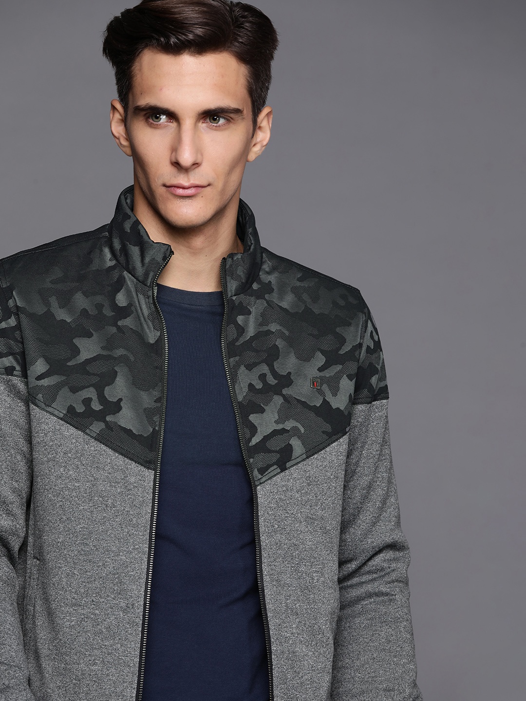 

Louis Philippe Jeans Men Grey & Black Camouflage Pattern Tailored Jacket