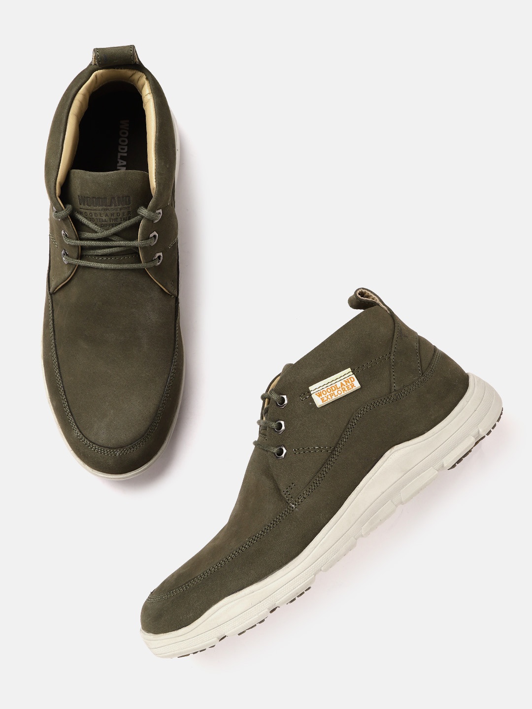 

Woodland Men Olive Green Leather Mid-Top Derbys