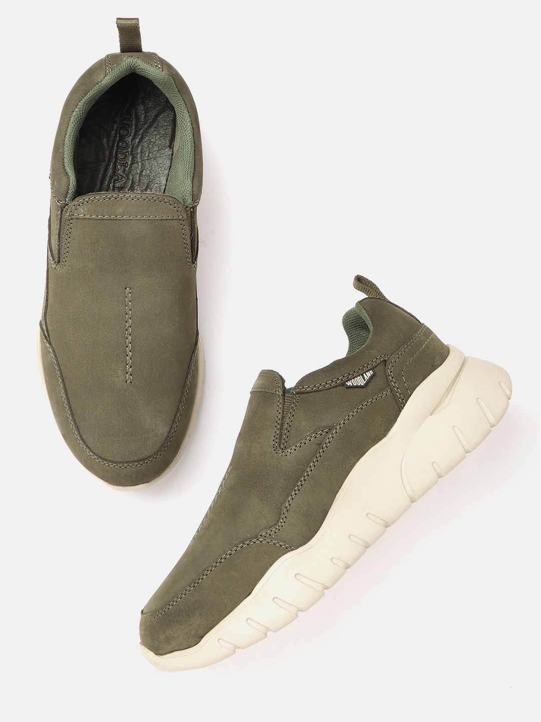 

Woodland Men Olive Green Nubuck Leather Solid Slip-On Sneakers