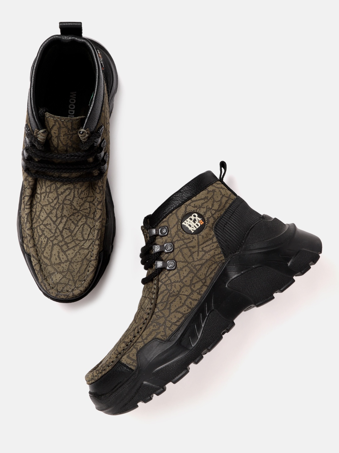 

Woodland Men Olive Green Textured Leather Mid-Top Derbys