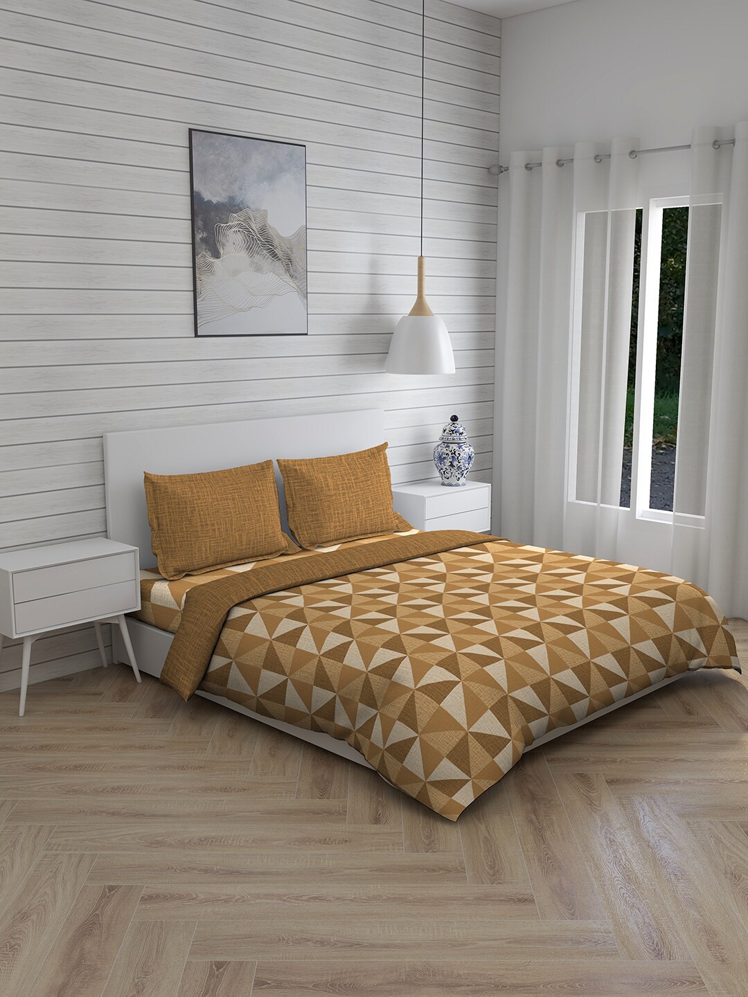 

Boutique Living India Beige & Tan-Brown Geometric Printed Pure Cotton Double King 4-Piece Bedding Set