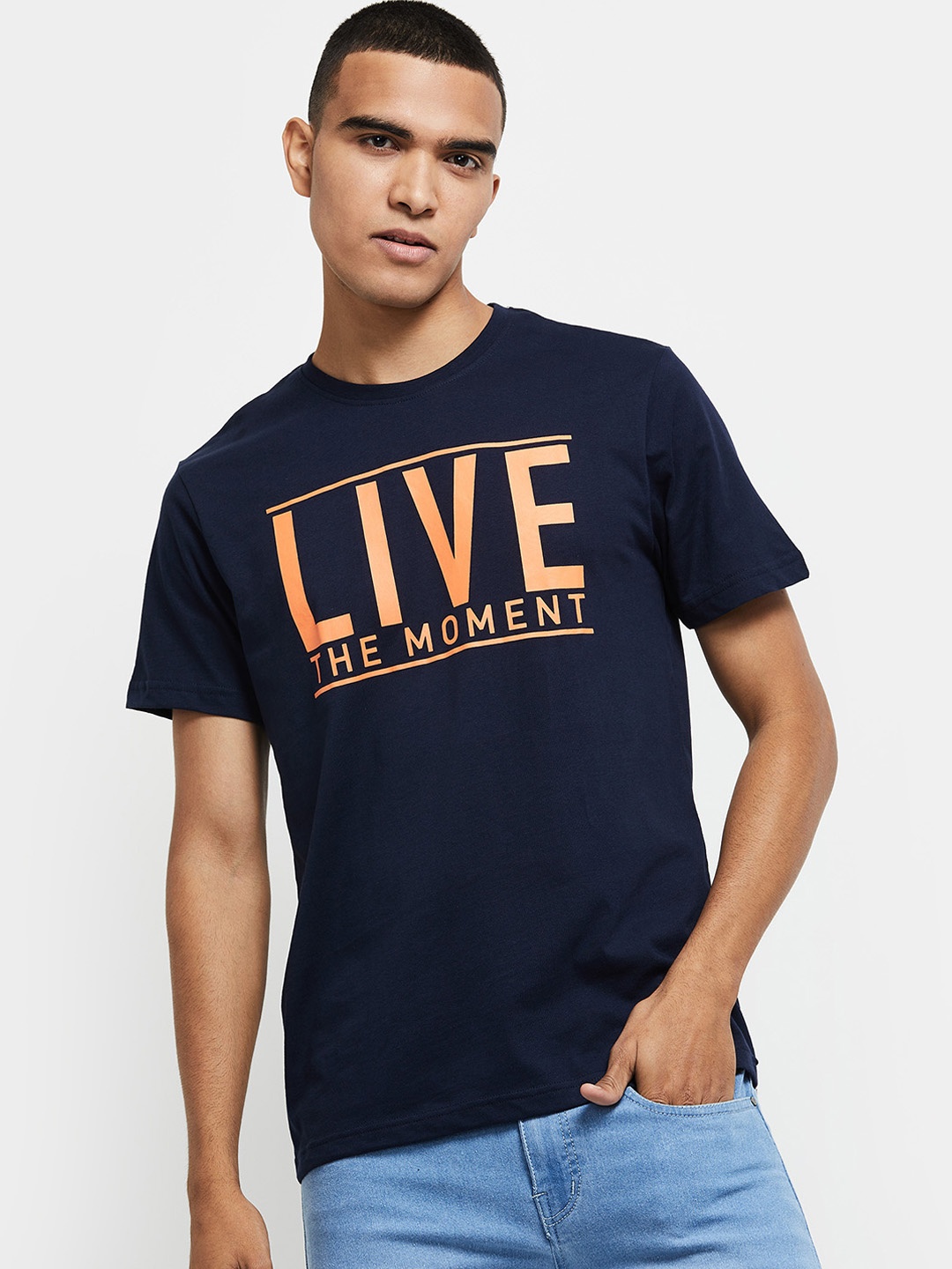 

max Men Navy Blue Typography Printed T-shirt