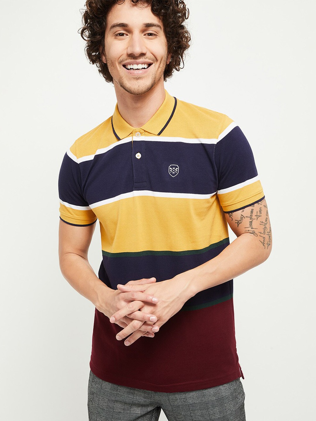 

max Men Mustard & Navy Blue Cotton Colourblocked Polo Neck Applique T-shirt
