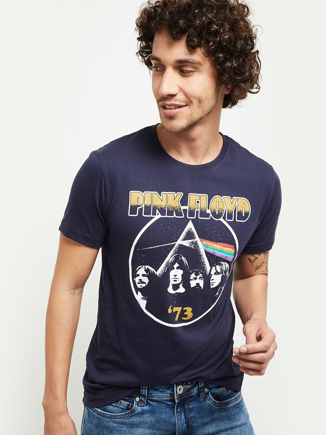 

max Men Navy Blue Printed T-shirt