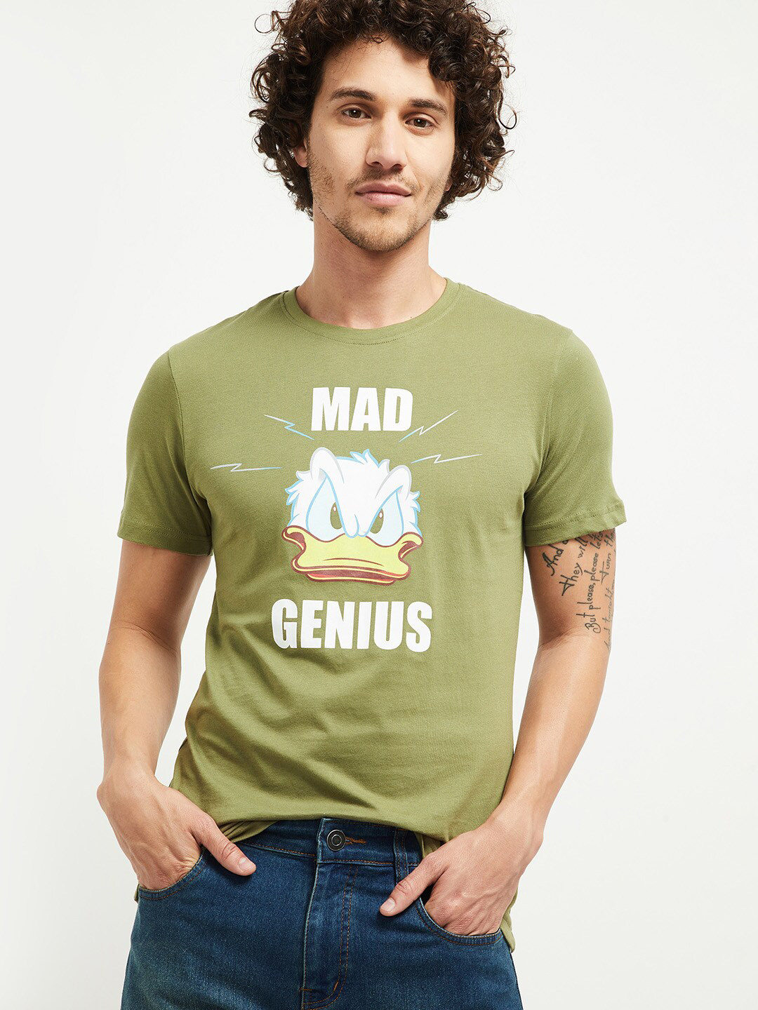 

max Men Olive Green Typography Donald Duck Printed T-shirt