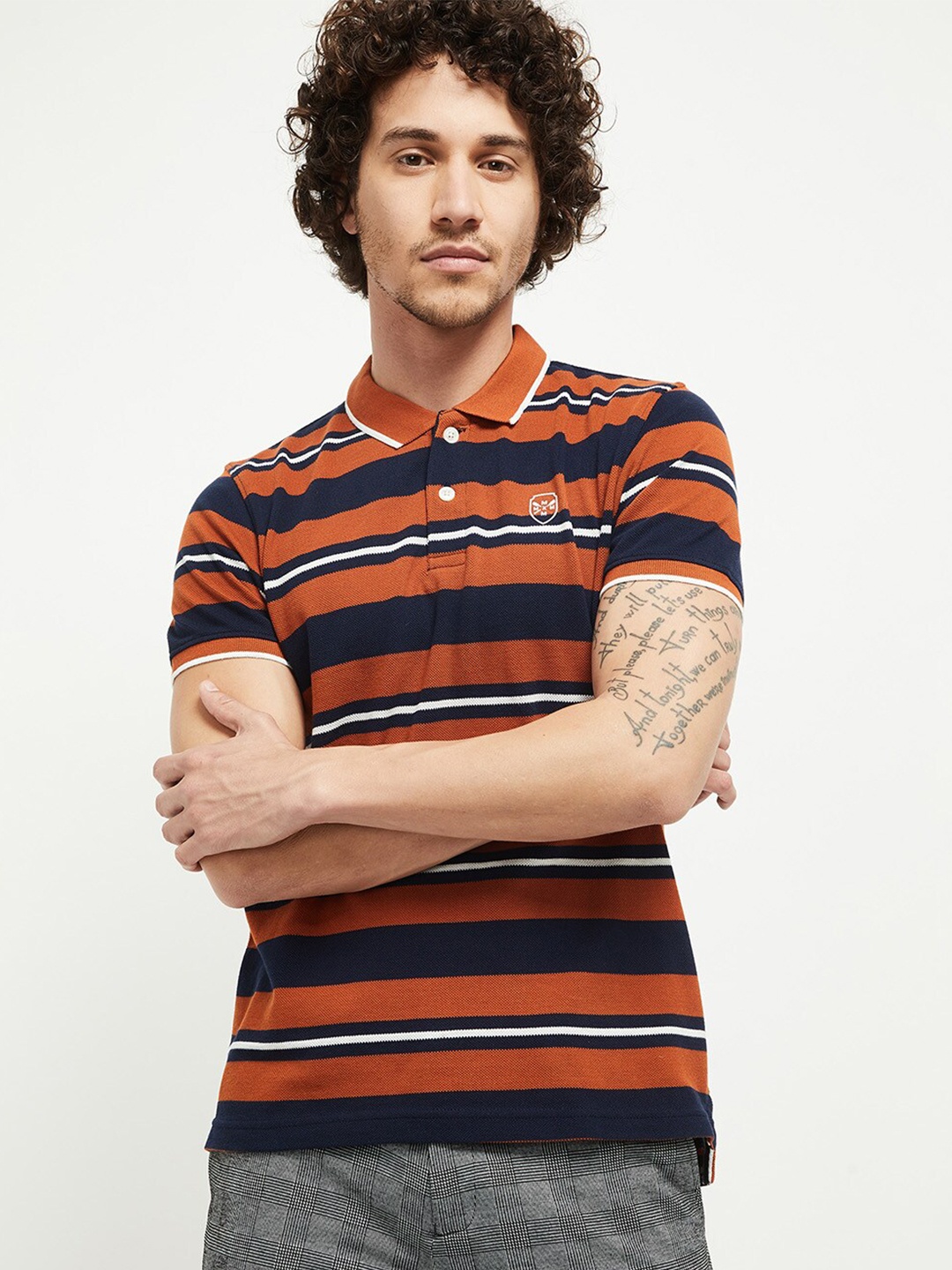 

max Men Navy Blue & Orange Striped Polo Collar T-shirt