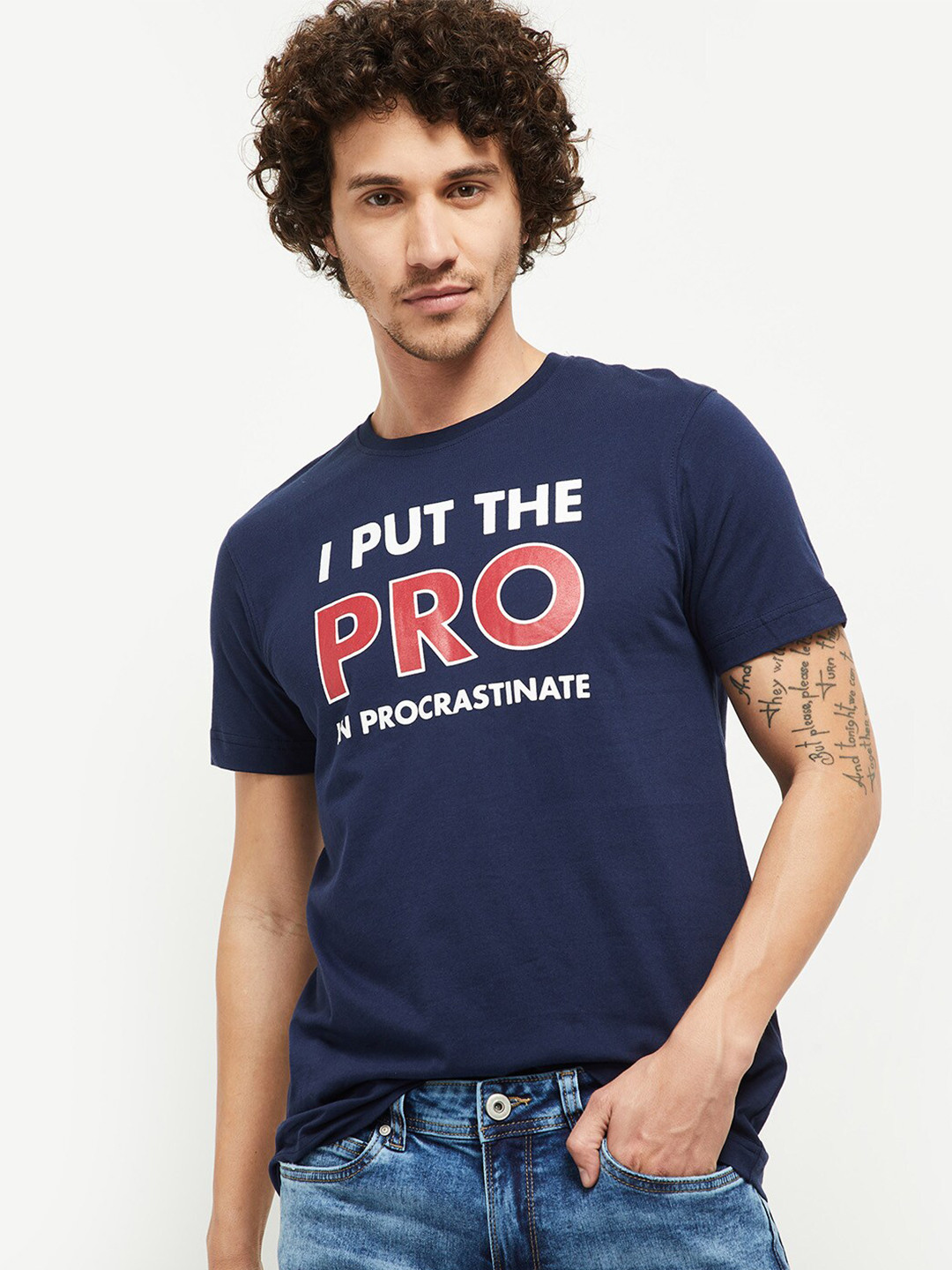 

max Men Navy Blue Typography Printed T-shirt