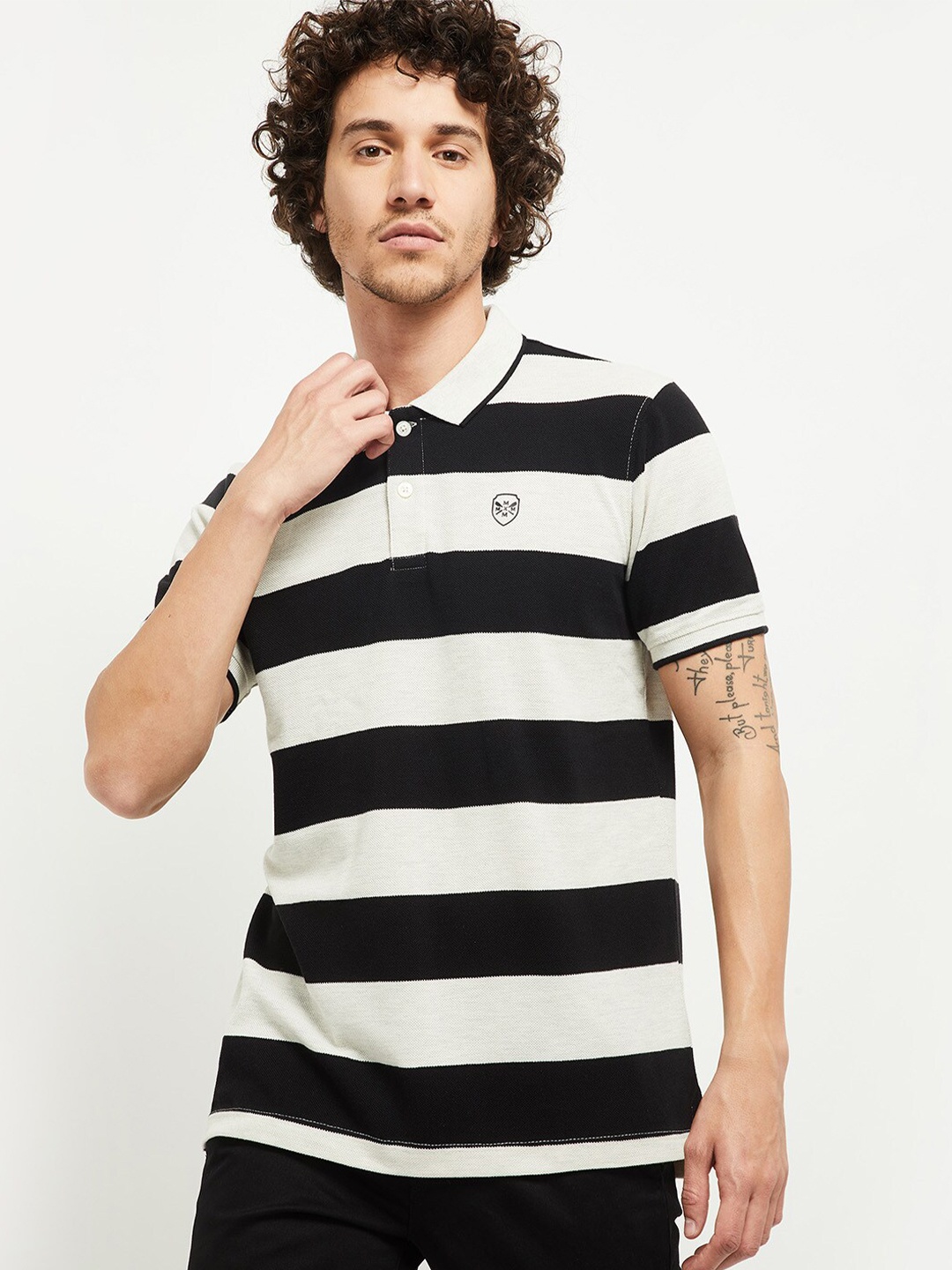 

max Men Beige & Black Striped Polo Collar T-shirt