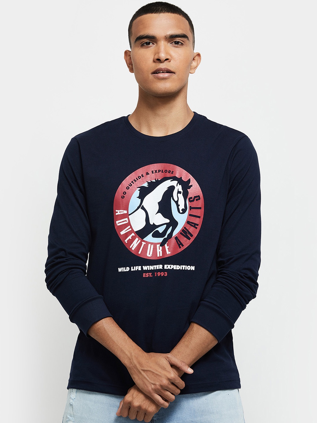 

max Men Navy Blue Printed Pure Cotton T-shirt