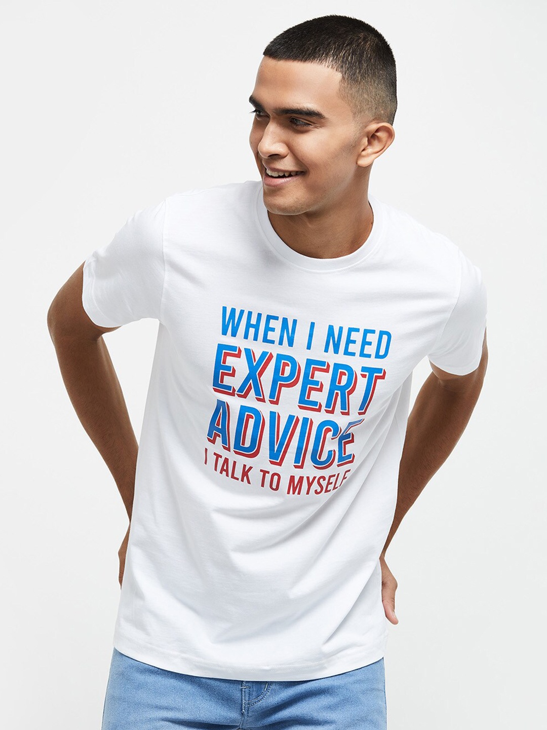 

max Men White Typography Printed Pockets T-shirt