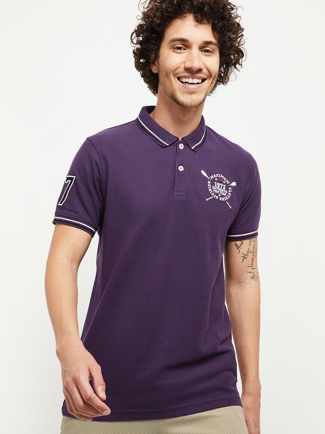 

max Men Purple Cotton Polo Collar T-shirt