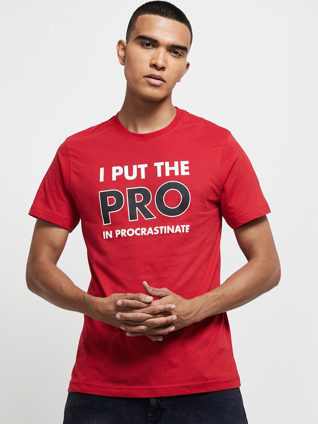 

max Men Red & Black Printed Round Neck T-shirt